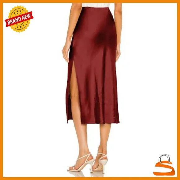 Satin Silk High Waist Slit Midi Skirt Elastic Waistband Flowy - Picture 5 of 8